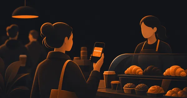 A bakery customer holding a phone loyalty card near a pastry counter during the morning rush