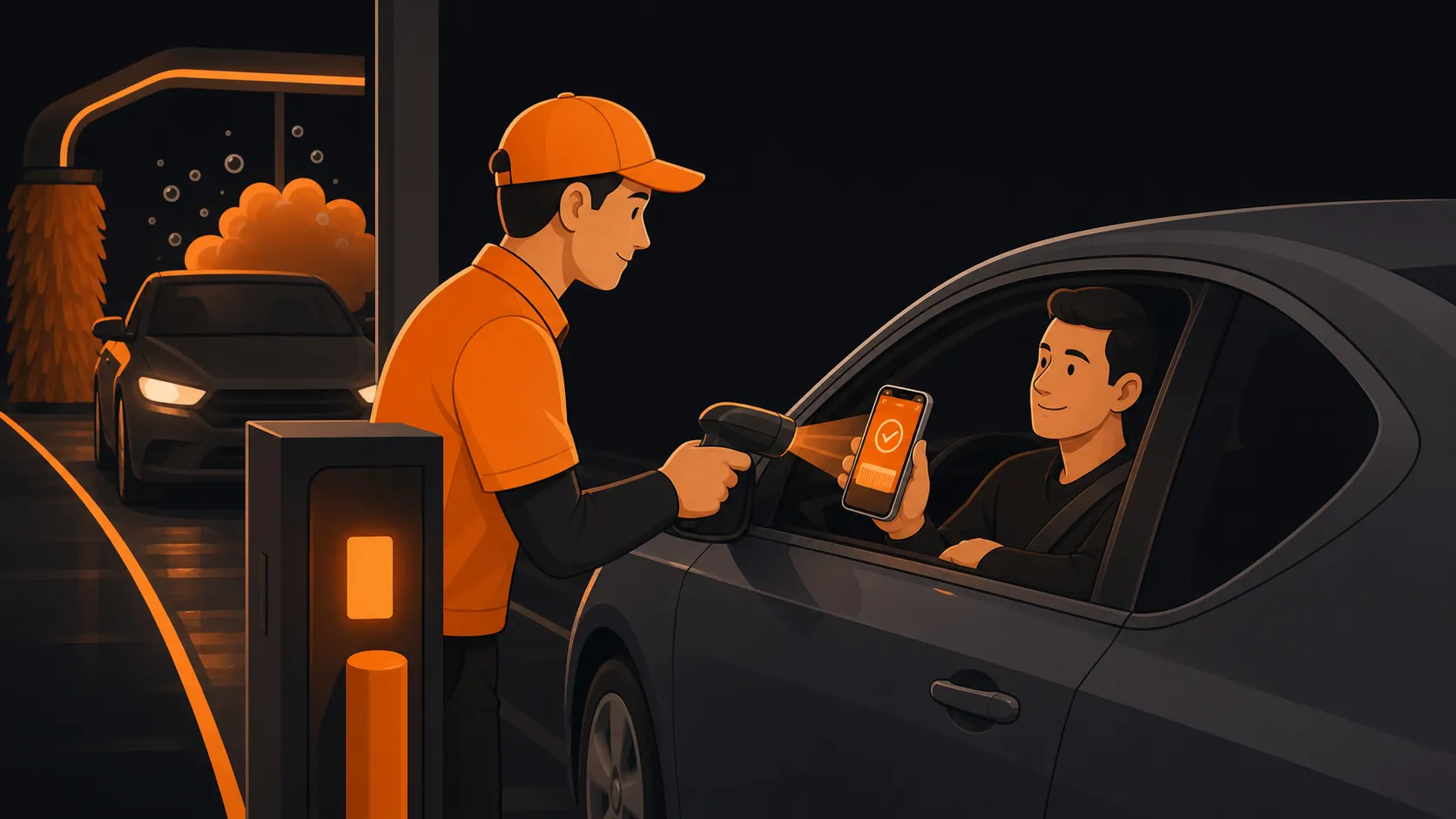 A car wash attendant scanning a driver’s phone loyalty pass at the pay lane beside a queued vehicle