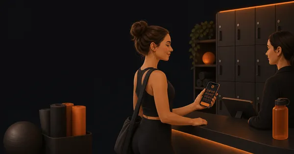 A phone showing a digital loyalty card beside a fitness studio check-in desk and yoga mats