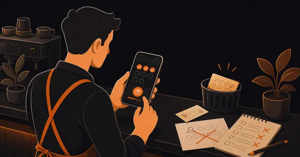 A business owner reviewing a loyalty setup with a phone-based card and crossed-out paper card notes