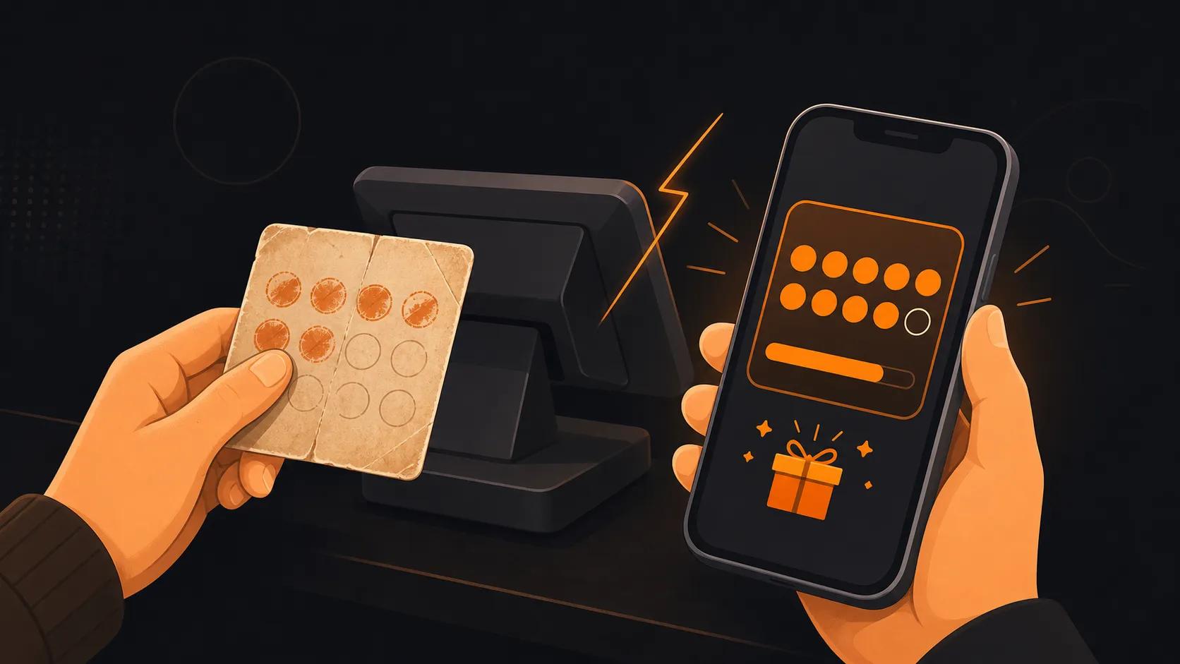 A customer hesitating with a paper loyalty card while a phone-based loyalty pass shows clear progress at the point of sale