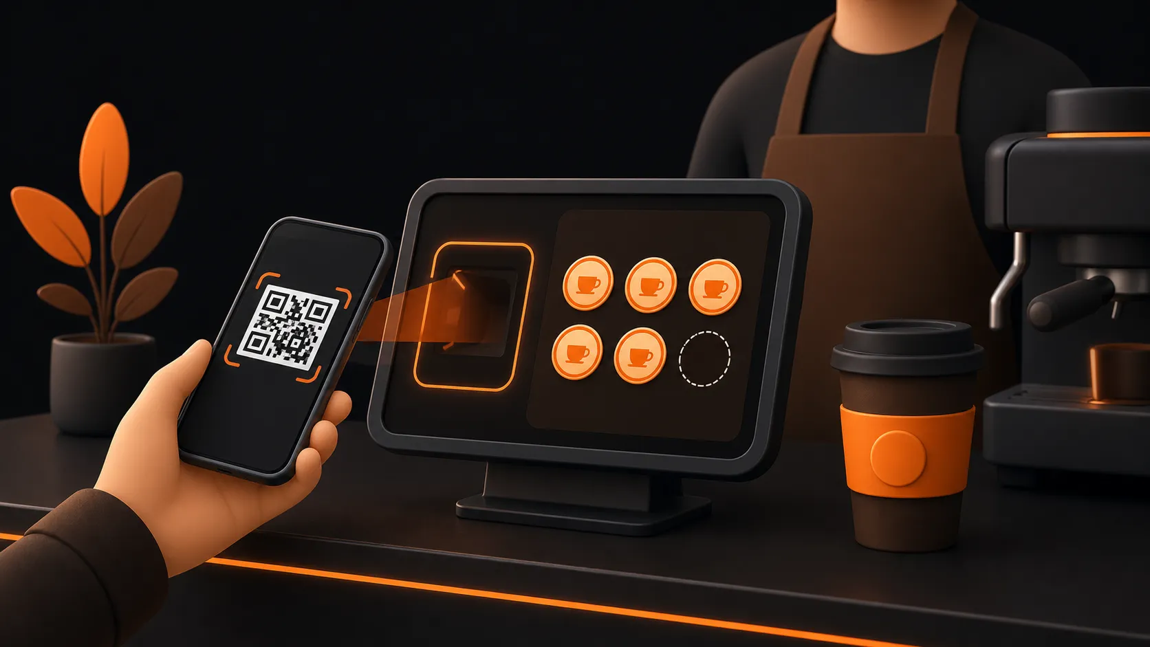 A cafe counter scene showing a customer’s phone being scanned with a QR code next to a stamp progress card