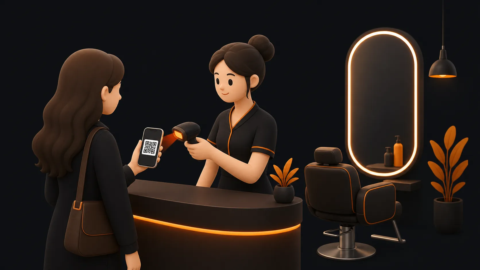 A salon reception scene with a client showing a phone while a receptionist scans a QR code beside a styling chair