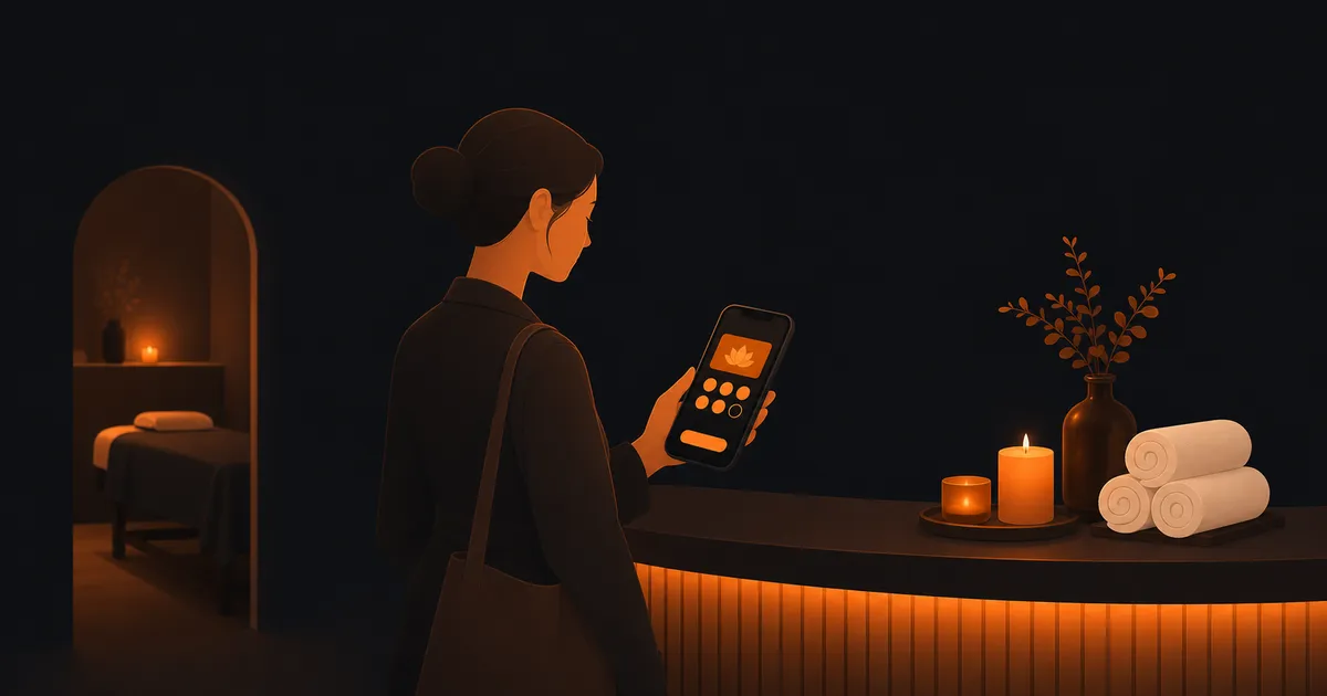 A spa guest viewing a digital loyalty card on a phone at a calm reception desk