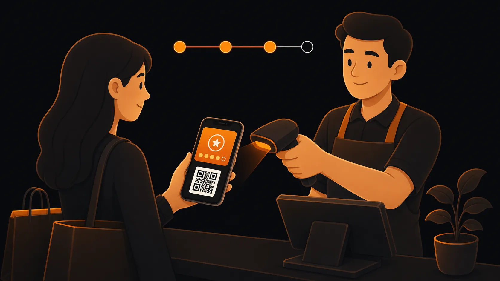 A staff member scanning a digital loyalty pass from a customer’s phone during a quick checkout interaction