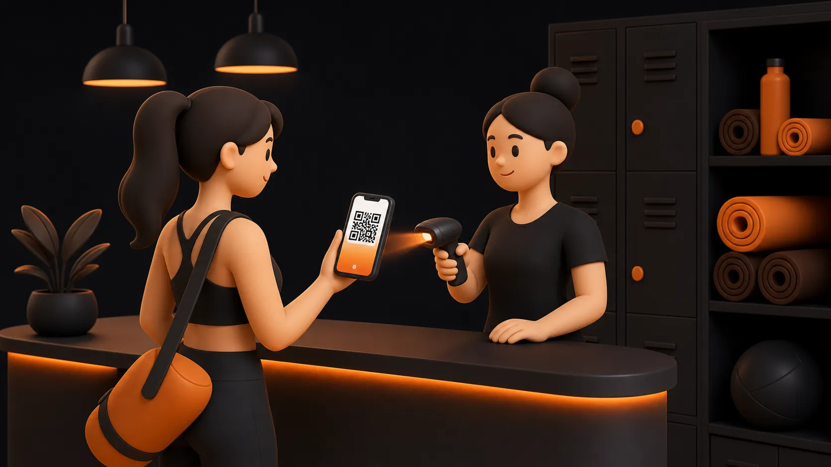 A fitness studio reception scene where a member shows a phone loyalty pass while staff scan a QR code near class lockers
