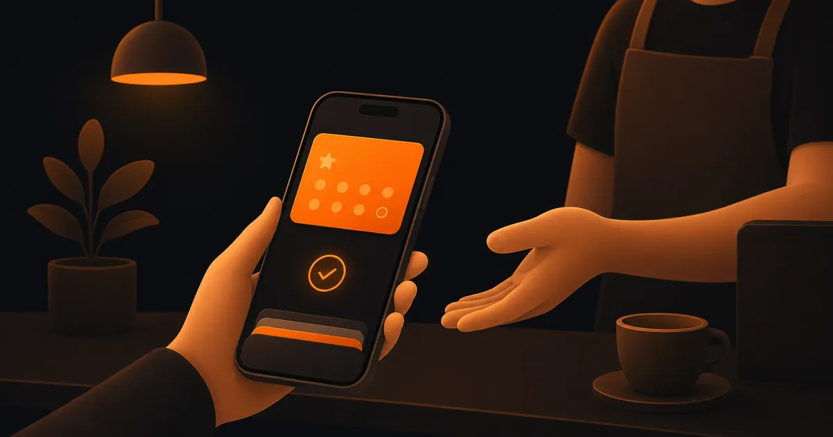 A phone screen showing a digital loyalty card being added to a mobile wallet, with orange stamp progress dots